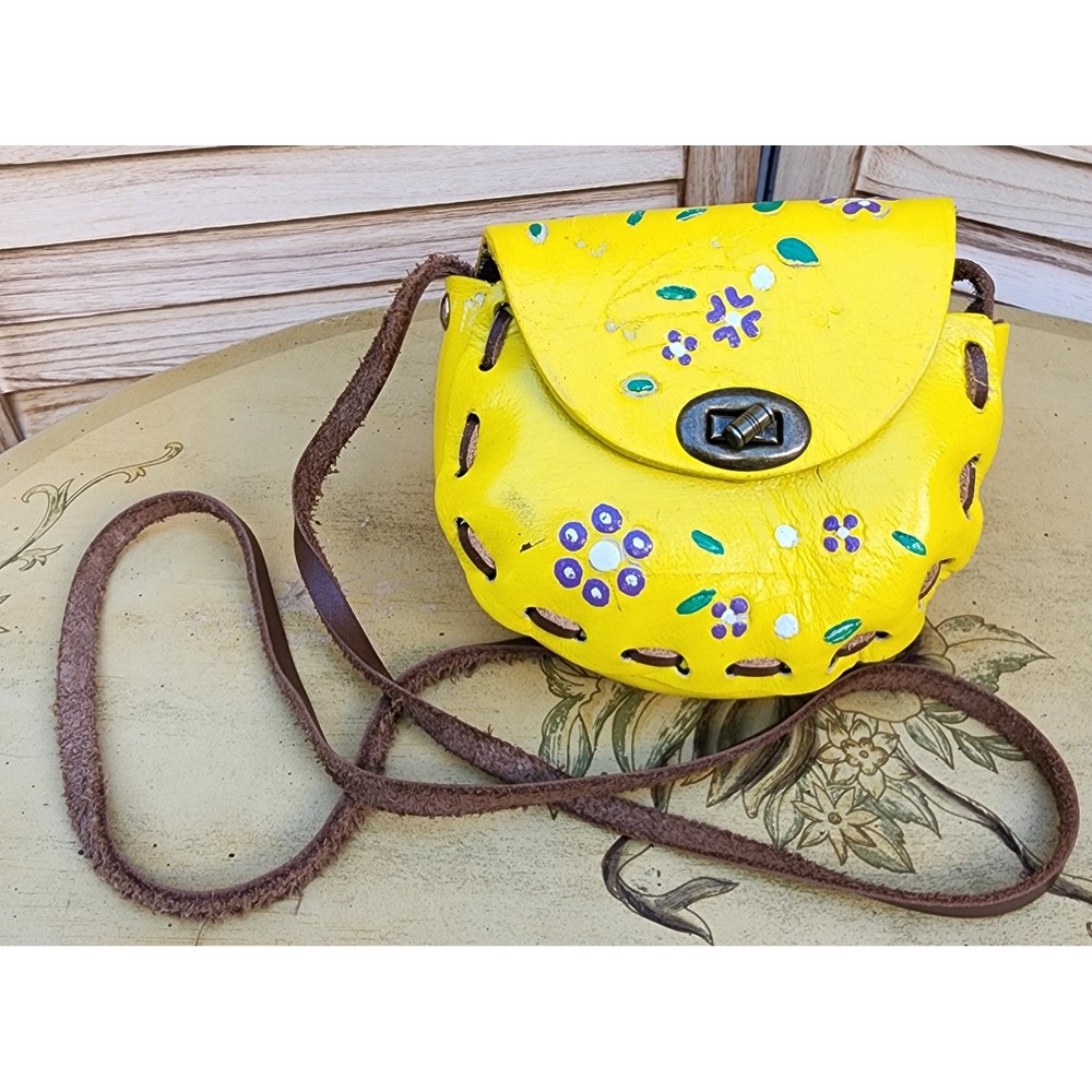 Handmade Yellow 100% Leather Floral Coin Purse Small Crossbody Bag Native Boho